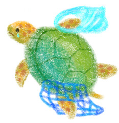 ゴミが絡まったウミガメのかわいいクレヨンイラスト