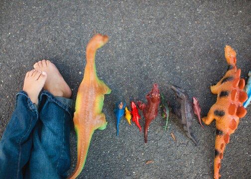 Arie view of a boys feet and his dinosaur toys in a line