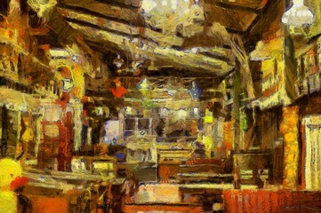 Shop landscape with old furniture and antique decorations Illustrations creates ant style impressionis of painting.