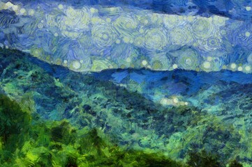 Landscape of mountains and forests Illustrations creates ant style impressionis of painting.