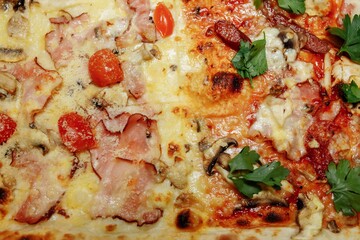 Pizza on wooden table top view. Fast food. Post blog social media. with copy space. Pizza ready to eat