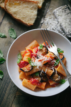 Pasta alla Norma. A typical Italian dish with eggplant and tomato.
