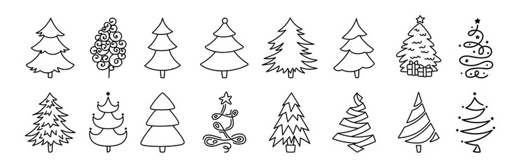 Christmas tree cartoon black linear set. Hand drawing outline xmas trees collection. New Year traditional line design ornaments, stars or garlands. Stylized symbol for holiday flat vector illustration