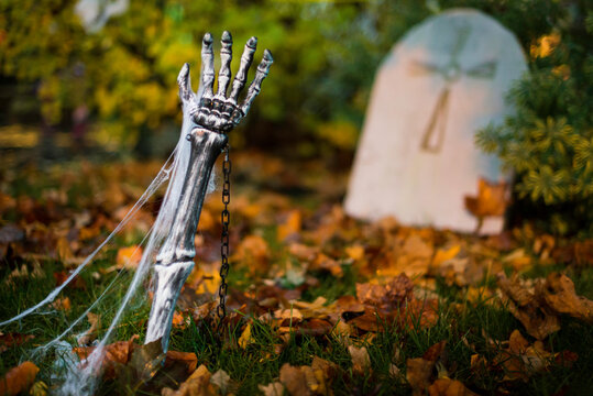Spooky Zombie Skeleton Hand Halloween Graveyard at Haunted House