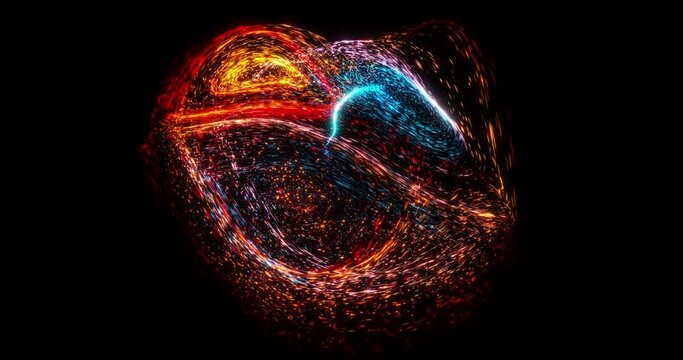 Abstract motion graphic VJ. motion of particles in a fluid solution. swirls of dust, bubble motion in a pattern. blue, orange and red particles. 4K loop, 3D render