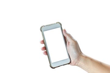 Woman hand holding smartphone with blank screen and clipping path on white background for mockup concept
