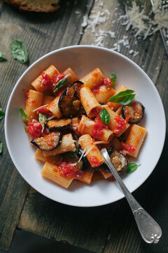 Pasta alla Norma. A typical Italian dish with eggplant and tomato.
