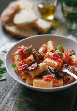 Pasta alla Norma. A typical Italian dish with eggplant and tomato.