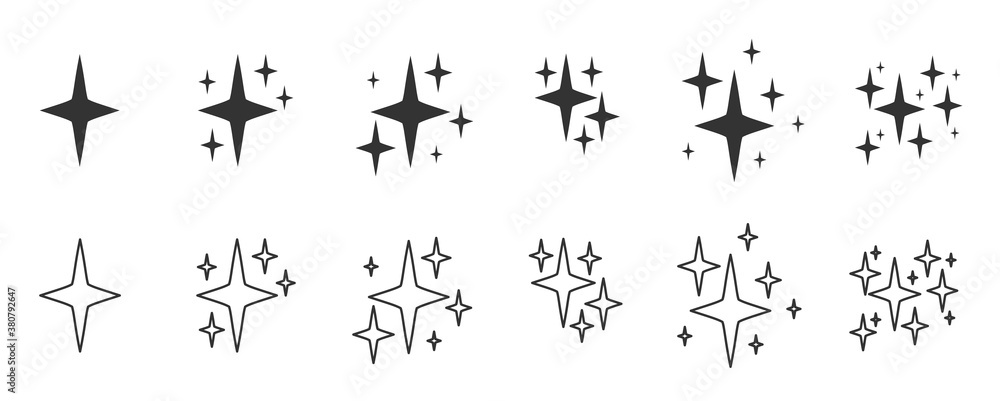 Poster contour glyph silhouette symbols sparkles icon set. outline decorative twinkle sparkle lights star. 