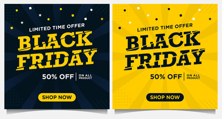 Black Friday event banners, social media post and background template in yellow and black color with dot and star ornament