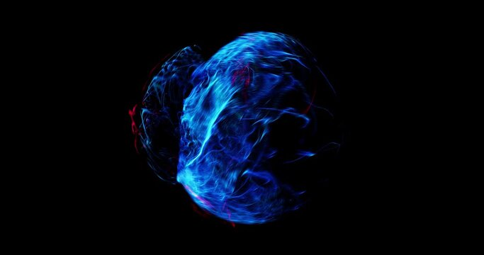 Abstract Motion Graphic with fluid particle moving in sphere. perfect for VJ and visual loops for background and logos. Blue and white elements moving with turbulences. 4K loop, 3D render