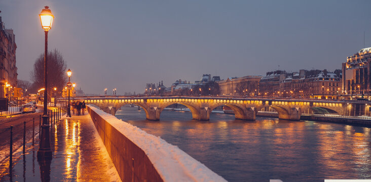 Pont Neuf over River Seine in winter in Paris, France