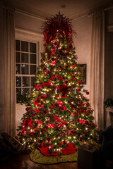Christmas tree in the corner by a window.