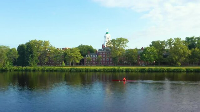 Aerial Shot Of Single Sculler Rowing On Charles River