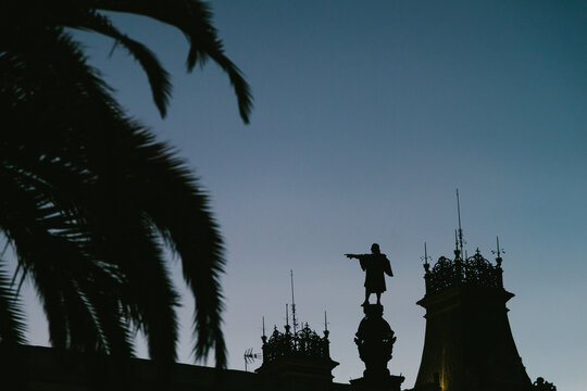 Silhouette of Christopher Columbus Statue in Barcelona, Spain