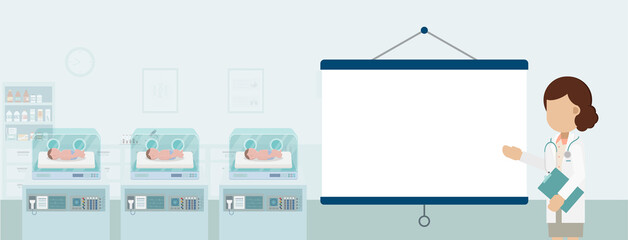 Maternity ward with blank screen projector and newborn babies in incubators flat design vector illustration - obrazy, fototapety, plakaty