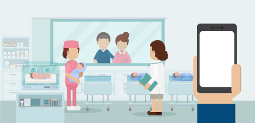 Maternity ward with blank screen mobile phone, pediatrician and newborn babies flat design vector illustration