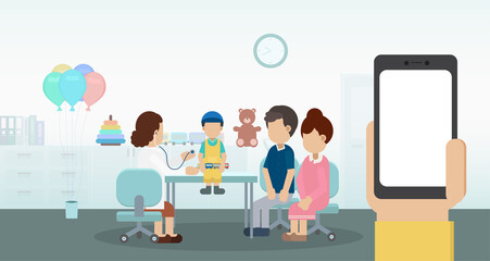 Pediatrics clinic with blank screen mobile phone and pediatrician and child patient flat design vector illustration