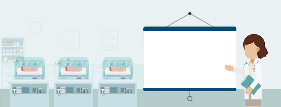 Maternity Ward With Blank Screen Projector And Newborn Babies In Incubators Flat Design Vector Illustration