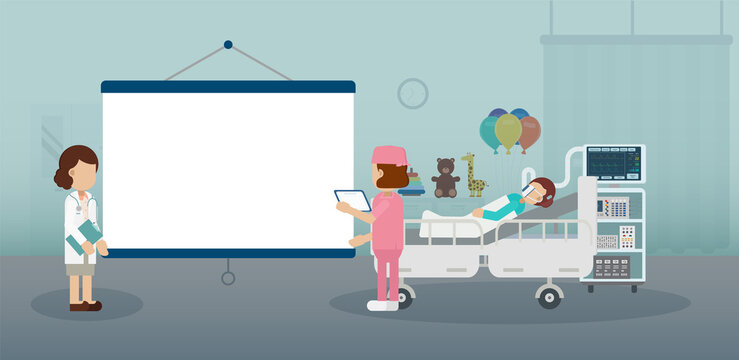 Pediatrics ward with blank screen projector, pediatrician  and patient flat design vector illustration