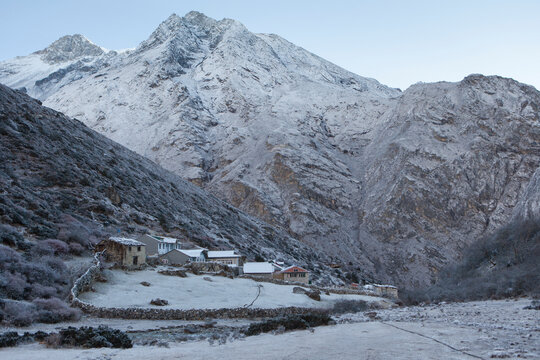 Lodges and hotels in Dole after a night of slight snow. Everest Region, Sagarmatha National Park.