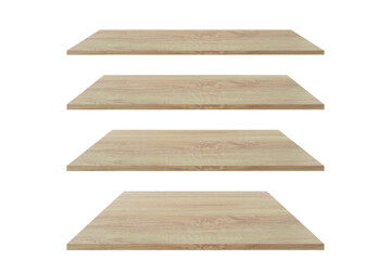 four wooden shelves on an isolated white background, objects with clipping Paths for design work