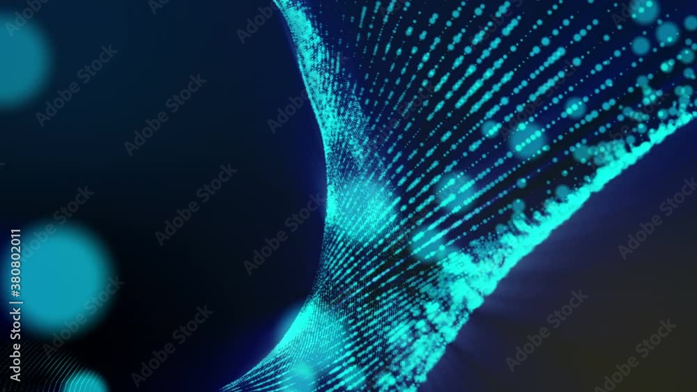 Poster moving blue round particles on a dark background. abstract looped animated background. 3d render