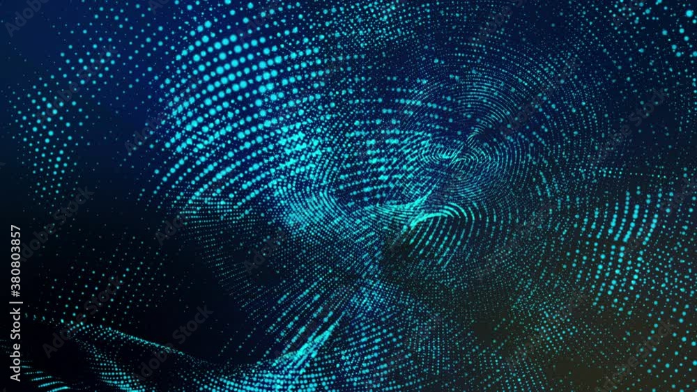 Poster moving blue round particles on a dark background. abstract looped animated background. 3d render