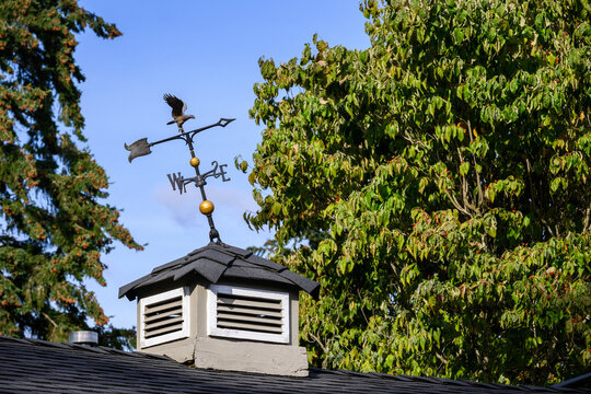Leaning metal weathervane on a garage cupola, against a blue sky, trees
