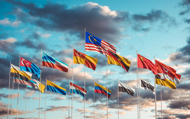 All Flags of States and territories of Malaysia waving in the sky. Flag of Selangor, Kuala Lumpur, Sabah, Johor, Sarawak, Perak, Kedah, Kelantan, Penang etc as at Putra Square, Putrajaya. 
