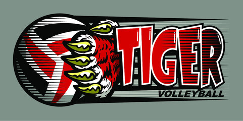 tiger volleyball team design with paw holding ball for school, college or league