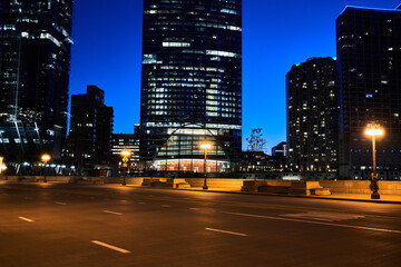 Fototapeta na wymiar Scenic View of Downtown Chicago Loop Wacker Street at night during the Golden Hour; Chicago Urban Street Sunset