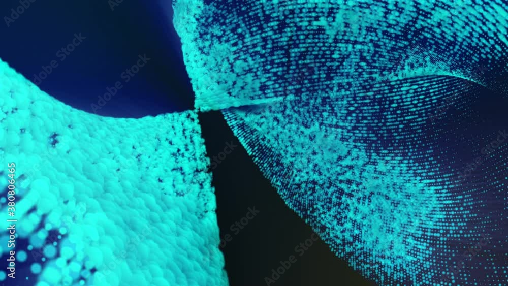 Poster moving blue round particles on a dark background. abstract looped animated background. 3d render