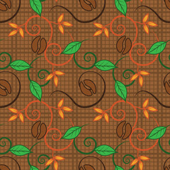 natural seamless pattern coffee beans and plant motif, green fresh leaf object, brown color elegant background texture design vector graphic