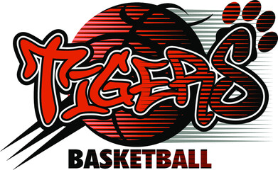 tigers basketball team design with paw print and ball for school, college or league