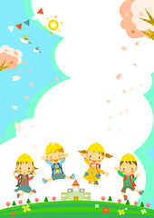 好きな色のランドセルを背負ってわくわくする小学一年生　背景　フレーム