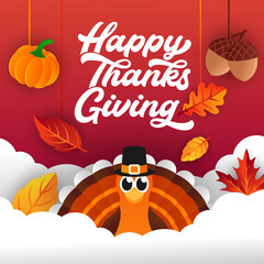 Happy Thanksgiving day background vector with decorative leaves, pumpkins, and acorns. Happy Thanksgiving holiday vector background design template for poster, banner, invitation and greeting card