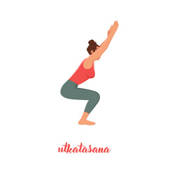 Fototapeta na wymiar Girl doing yoga pose,Chair Pose or Utkatasana asana in hatha yoga,vector illustration in trendy style