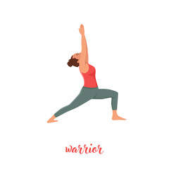 Fototapeta na wymiar Collection of young woman performing virabhadrasana I,II,III isolated on white background. flat vector illustrations for clothes, cards, posters, wrapping paper. Warrior pose