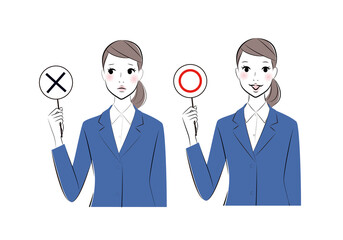 Set of illustrations of woman wearing suits showing right or wrong