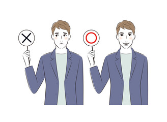 Fototapeta na wymiar Set of illustrations of man wearing jacket showing right or wrong
