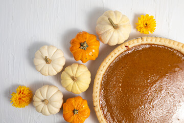 Pumpkin pie composition, thanksgiving, white for copy, horizontal poster