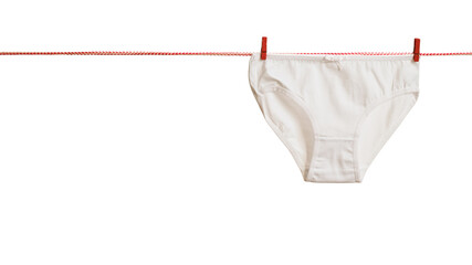 Women's panties are drying on a red and white rope isolated on a white background.