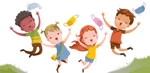 End of COVID Illustration concept. End of COVID-19 Illustration concept. Kids group threw away the mask. Cheers! Cheers! Very happy. 