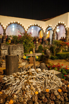 Pile of skull and bones during Day of the Dead