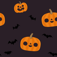 Pumpkins and bats halloween pattern. Seamless texture with cute and funny illustrations.