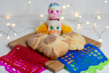 Sweetbread called Bread of the Dead (Pan de Muerto), Day of the dead Mexican tradition composition