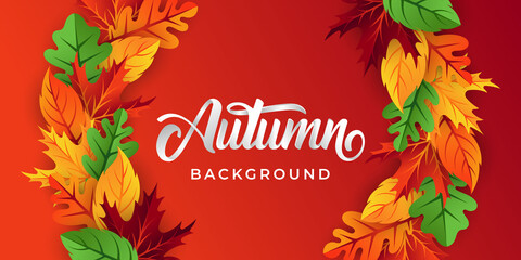 Fototapeta na wymiar Autumn background vector with decorative leaves. Autumn fall Vector background template. Abstract Autumn background design template for ad, poster, banner, flyer, invitation, website or greeting card