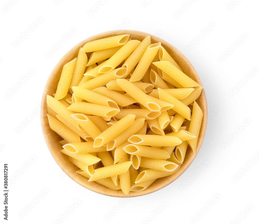 Wall mural macaroni pasta close up in wood bowl isolated on white background