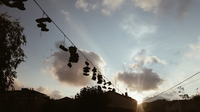 Shoes hanging on a wire in the basque country